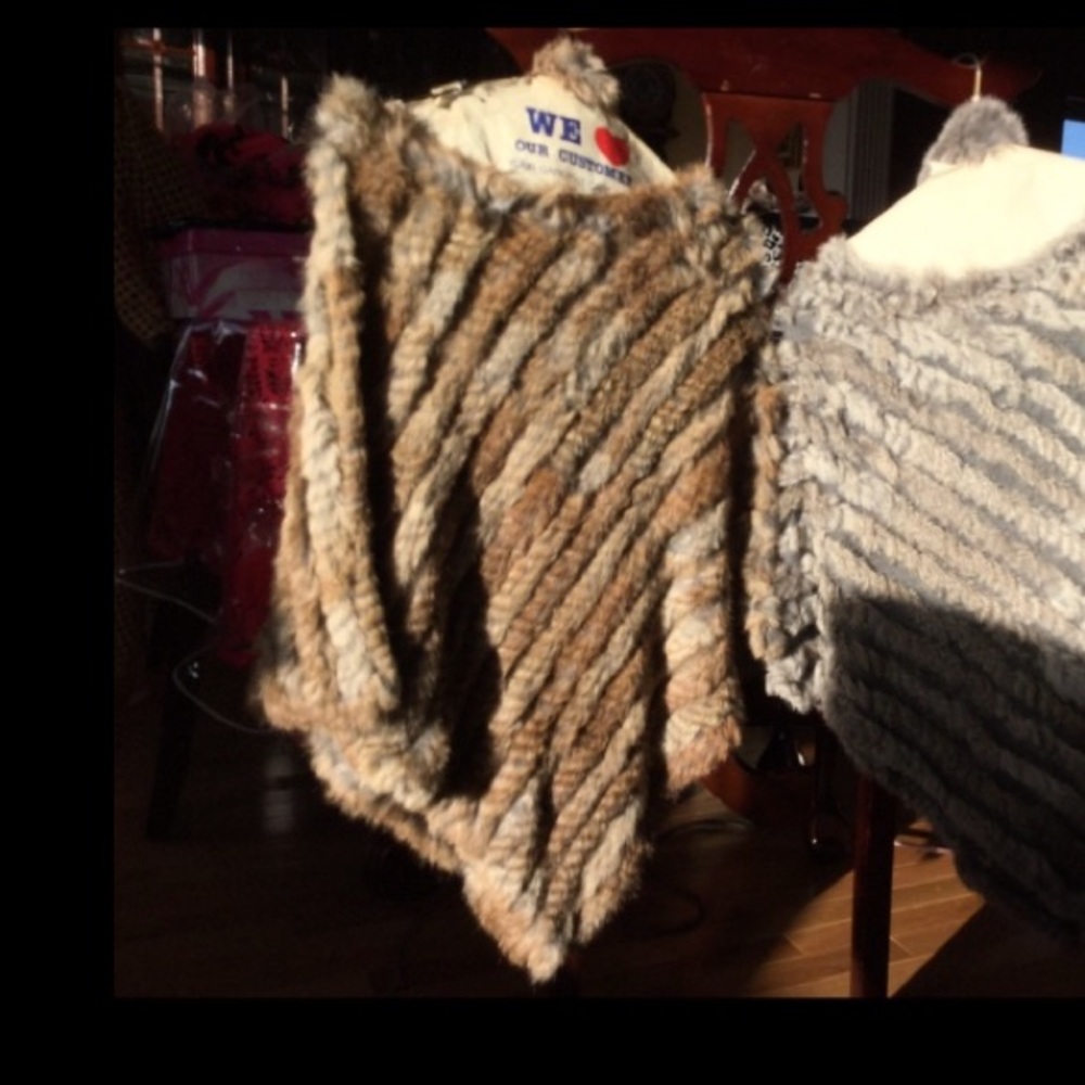 Rabbit Fur Poncho Shawl Pullover, Tan Brown Multicolor